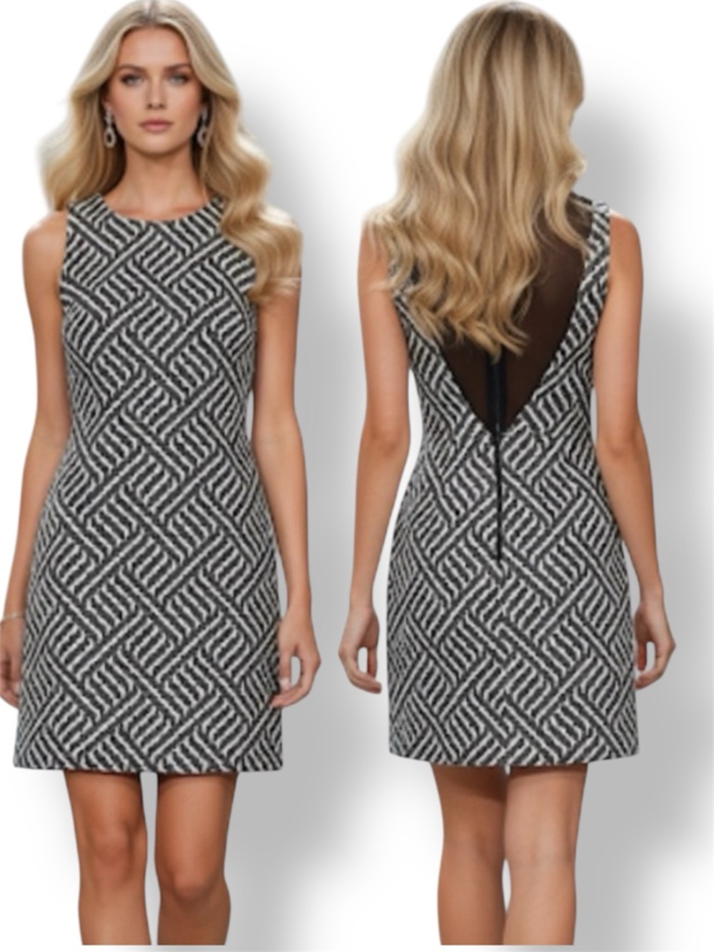 Alice + Olivia Tweed Sleeveless Dress with Mesh Back Black&White Sz 0